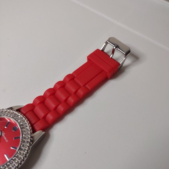 Geneva Platinum Watch With Red Rubber Band - Picture 3 of 11